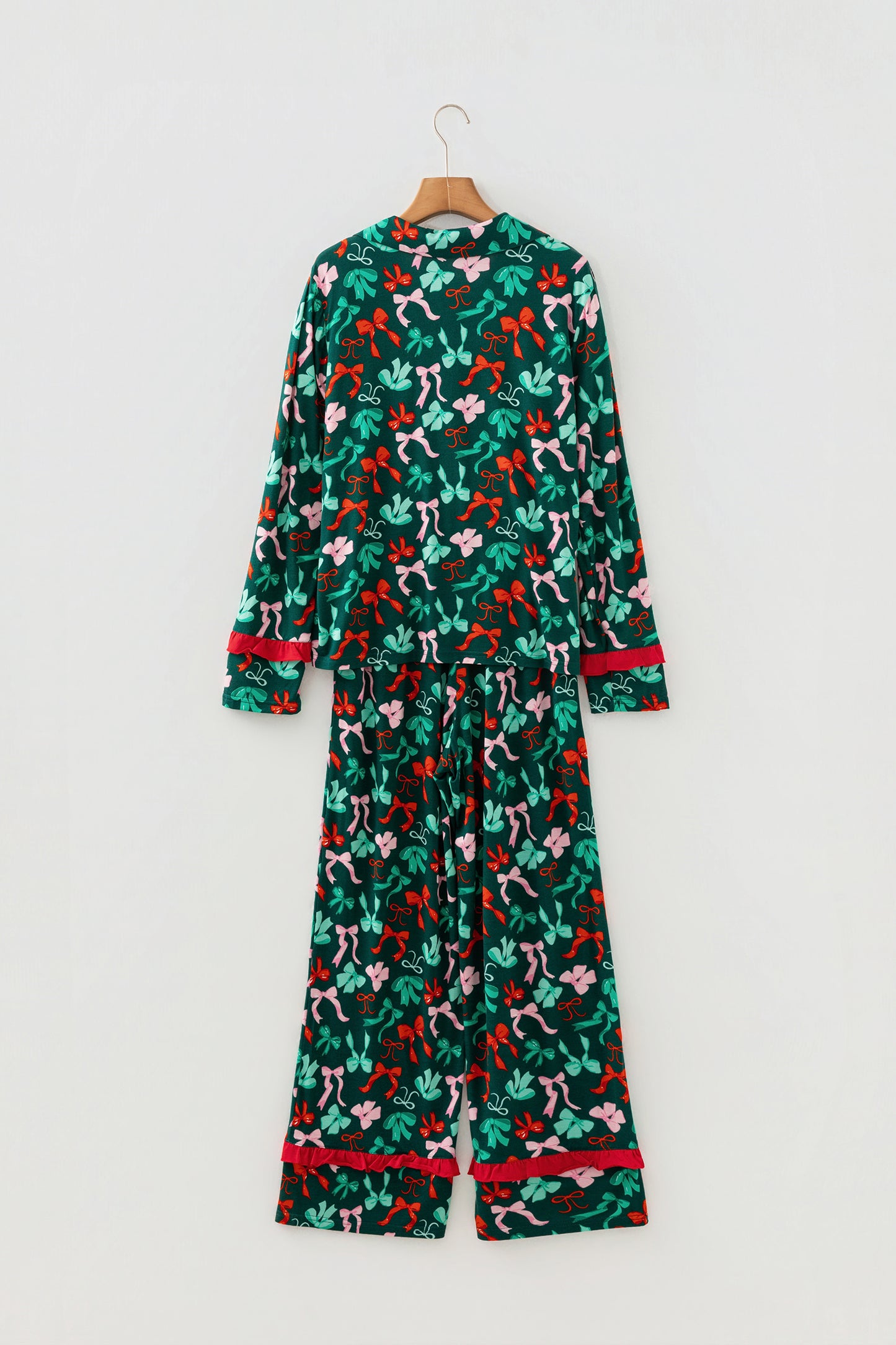 Green Festive Bow Print 2pcs Pajama Pant Set-Loungewear & Sleepwear/Sleepwear-[Adult]-[Female]-2022 Online Blue Zone Planet
