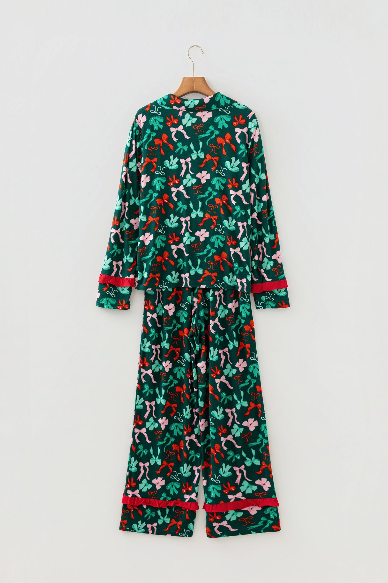 Green Festive Bow Print 2pcs Pajama Pant Set-Loungewear & Sleepwear/Sleepwear-[Adult]-[Female]-2022 Online Blue Zone Planet
