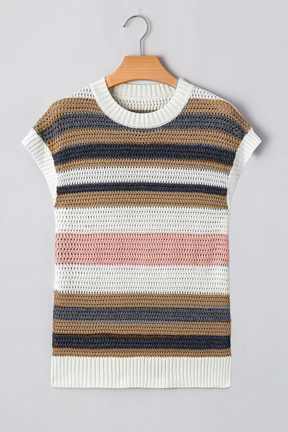 Blue Zone Planet | Pink Stripe Colorblock Eyelet Knit Short Sleeve Sweater Tee-Short Sleeve Sweater-[Adult]-[Female]-2022 Online Blue Zone Planet