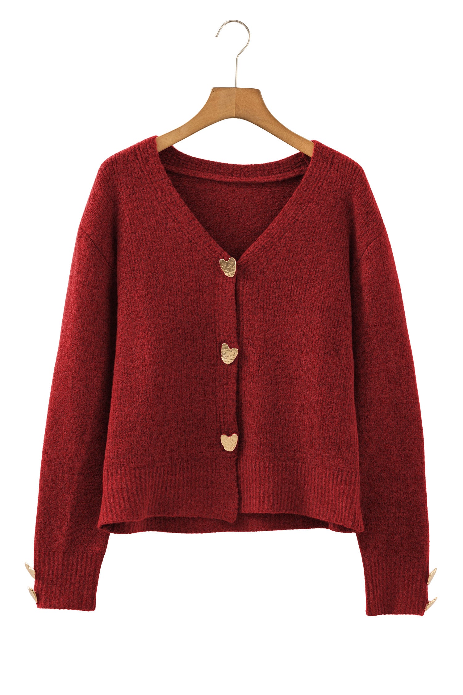 Fiery Red Heart Metal Button V Neck Cardigan Sweater-TOPS / DRESSES-[Adult]-[Female]-2022 Online Blue Zone Planet