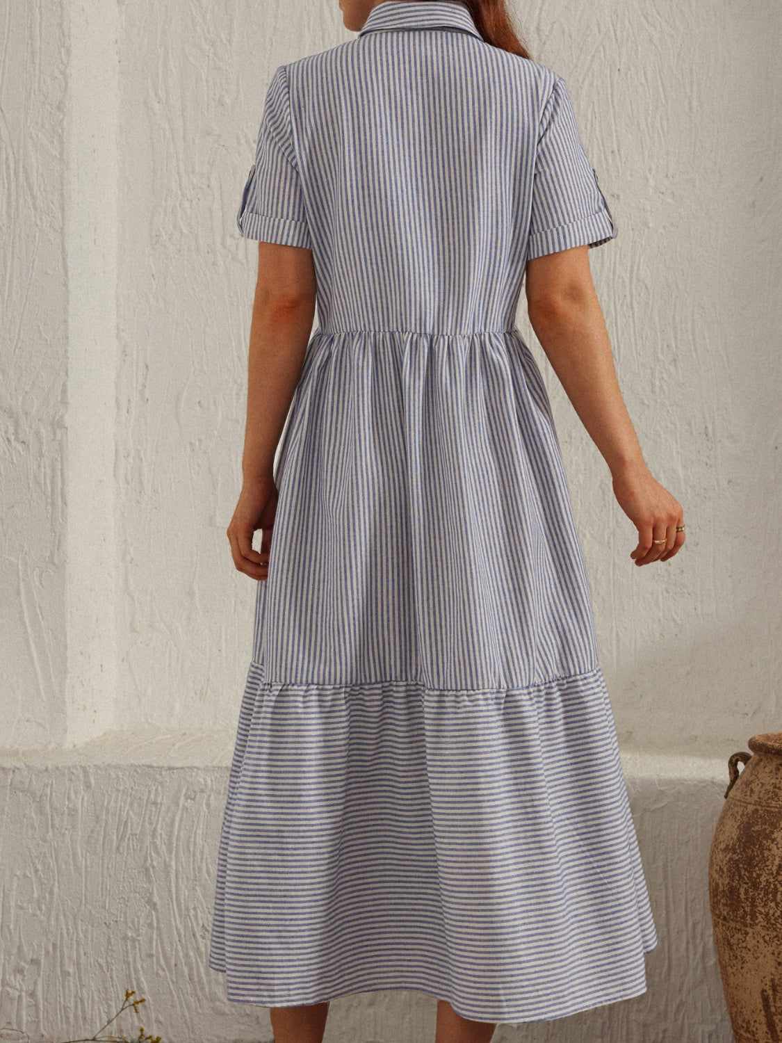 Striped Collared Neck Short Sleeve Dress-TOPS / DRESSES-[Adult]-[Female]-2022 Online Blue Zone Planet