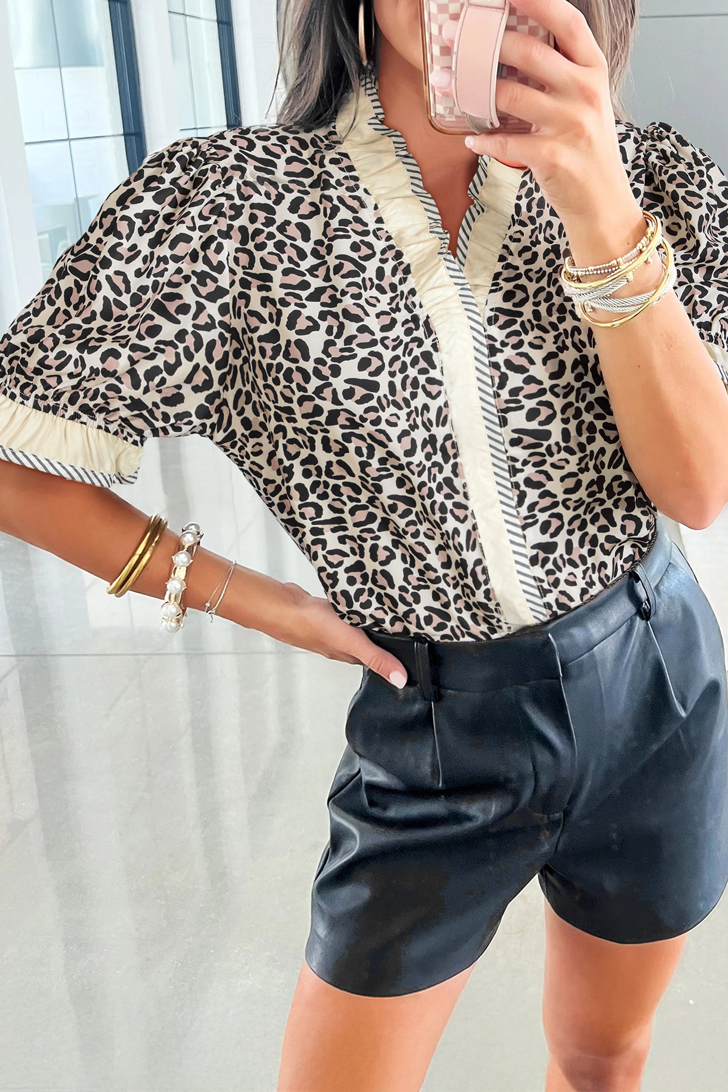 Black Leopard Print Striped Ruffled Color Block Trim V Neck Short Sleeve Blouse-Tops/Blouses & Shirts-[Adult]-[Female]-Black-S-2022 Online Blue Zone Planet