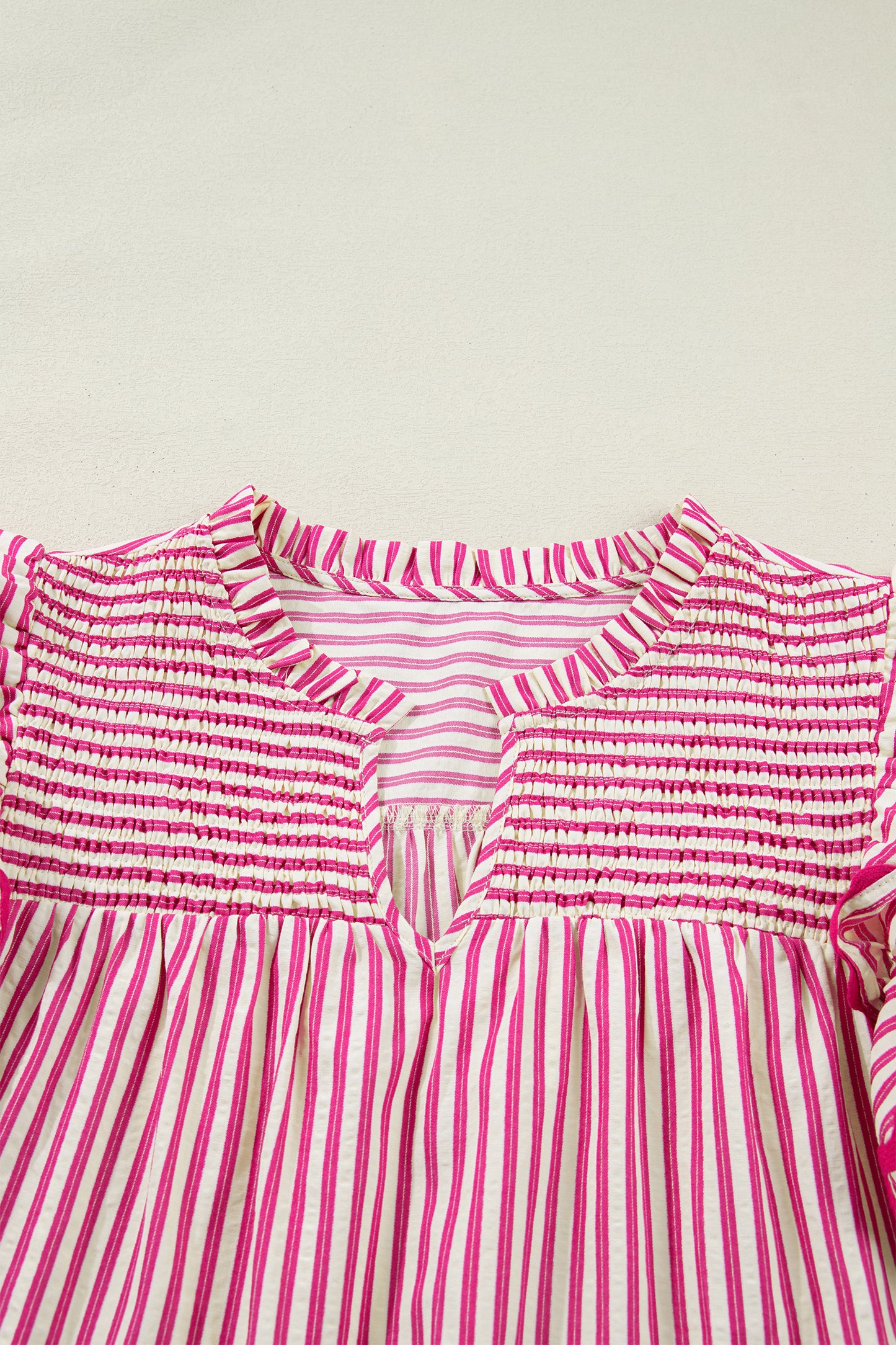 Rose Stripe Shirred Yoke Ruffled Short Sleeve Blouse-Tops/Blouses & Shirts-[Adult]-[Female]-2022 Online Blue Zone Planet