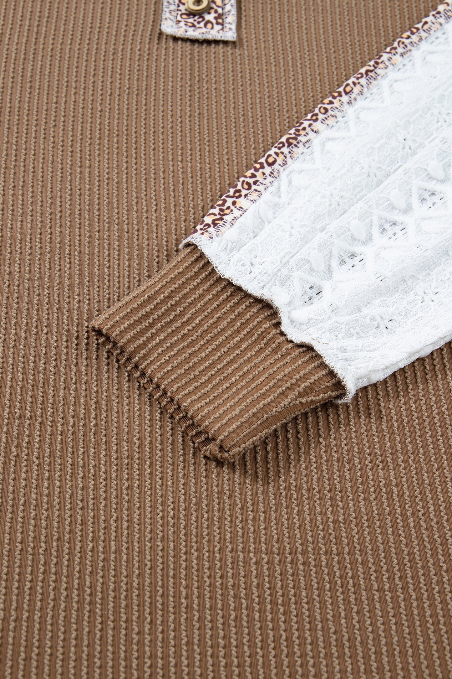 Dark Khaki Twisted Ribbed Leopard Lace Contrast Patchwork Long Sleeve Top-Tops/Long Sleeve Tops-[Adult]-[Female]-2022 Online Blue Zone Planet