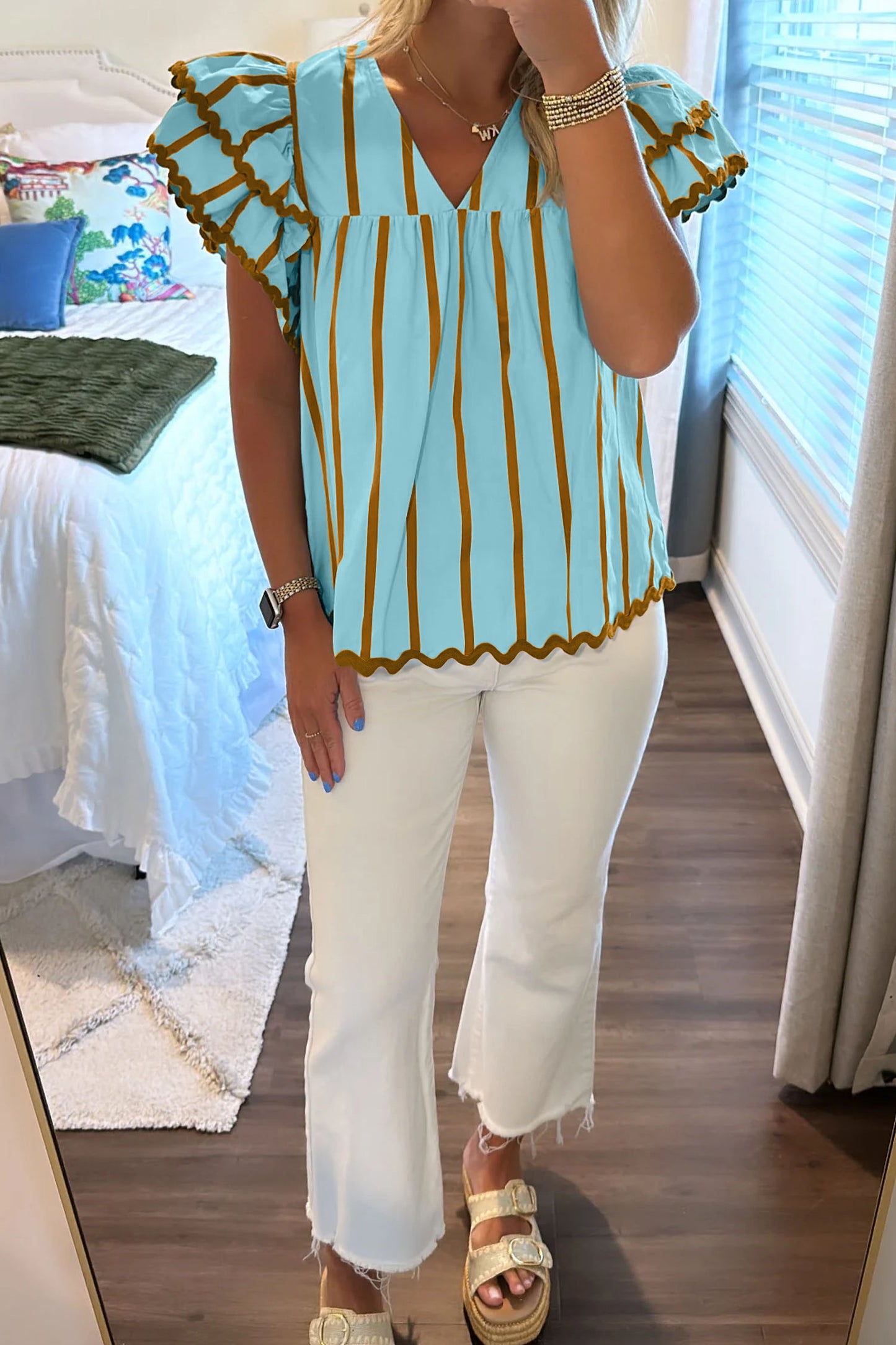 Sky Blue Stripe Ricrac Trim Double Ruffled Short Sleeve V Neck Blouse-Tops/Blouses & Shirts-[Adult]-[Female]-2022 Online Blue Zone Planet