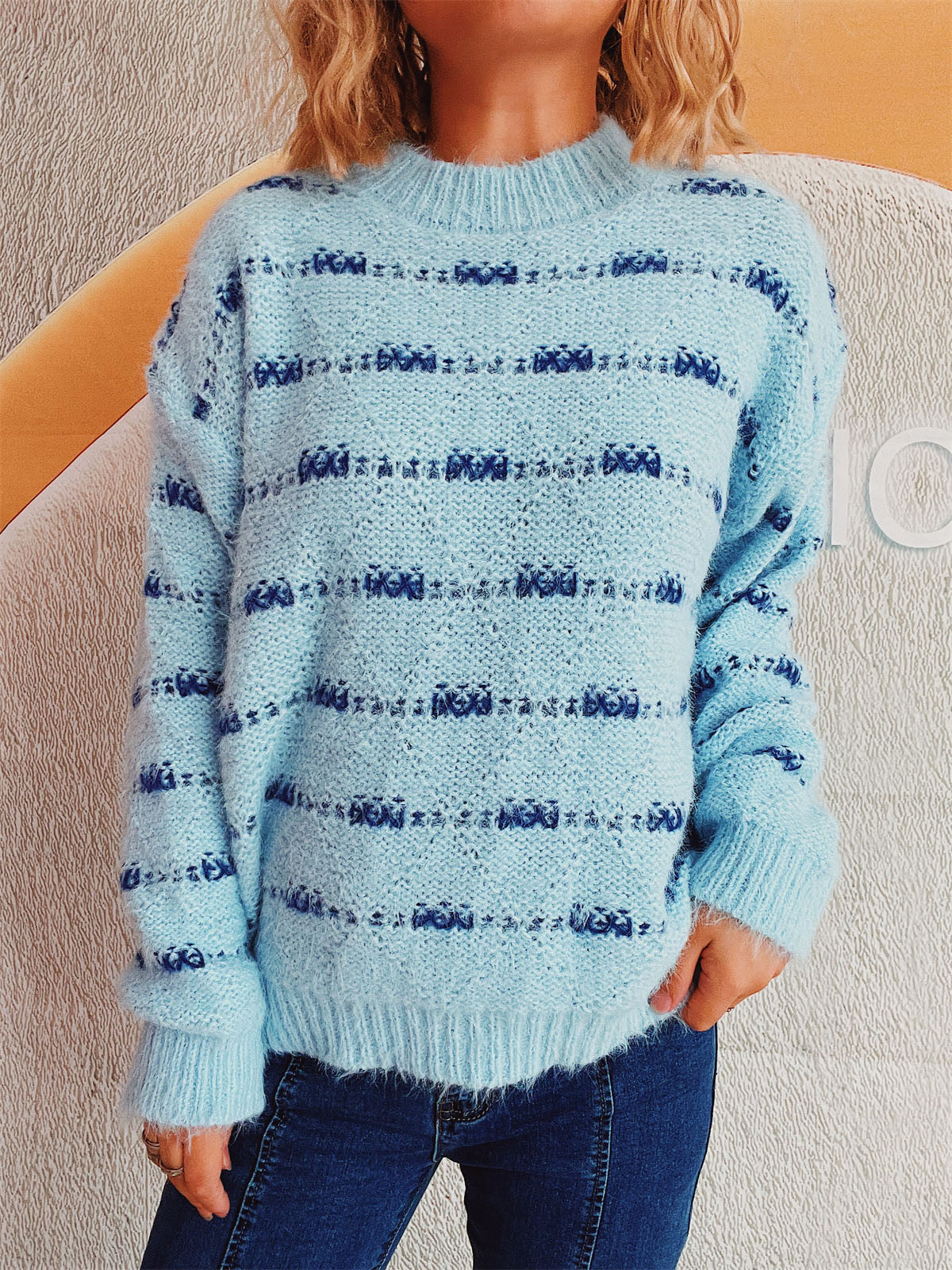 Striped Round Neck Long Sleeve Sweater-TOPS / DRESSES-[Adult]-[Female]-2022 Online Blue Zone Planet