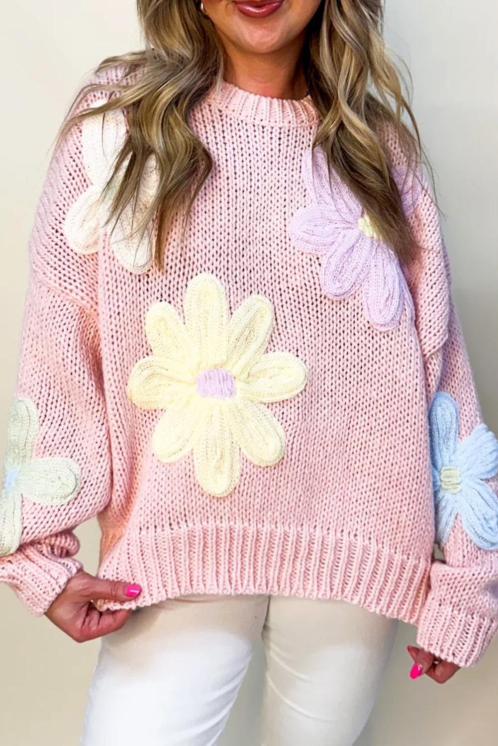 Pink Petals & Threads Embroidered Floral Sweater-Sweaters & Cardigans/Sweaters-[Adult]-[Female]-Pink-S-2022 Online Blue Zone Planet