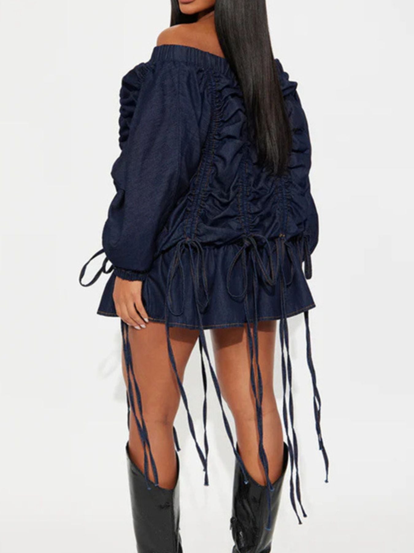 Off-Shoulder Ruched Denim Dress Dark Navy / M