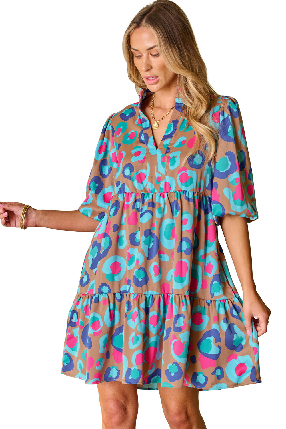 Blue Zone Planet |  Green Leopard Print Bubble Sleeve Slit Neck Ruffled Dress Blue Zone Planet