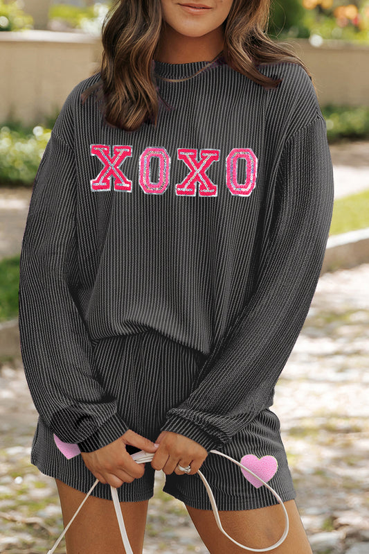 Carbon Grey Xoxo Heart Patched Pattern Long Sleeve Corded Shorts Set-Graphic/Graphic Sets-[Adult]-[Female]-Carbon Grey-S-2022 Online Blue Zone Planet