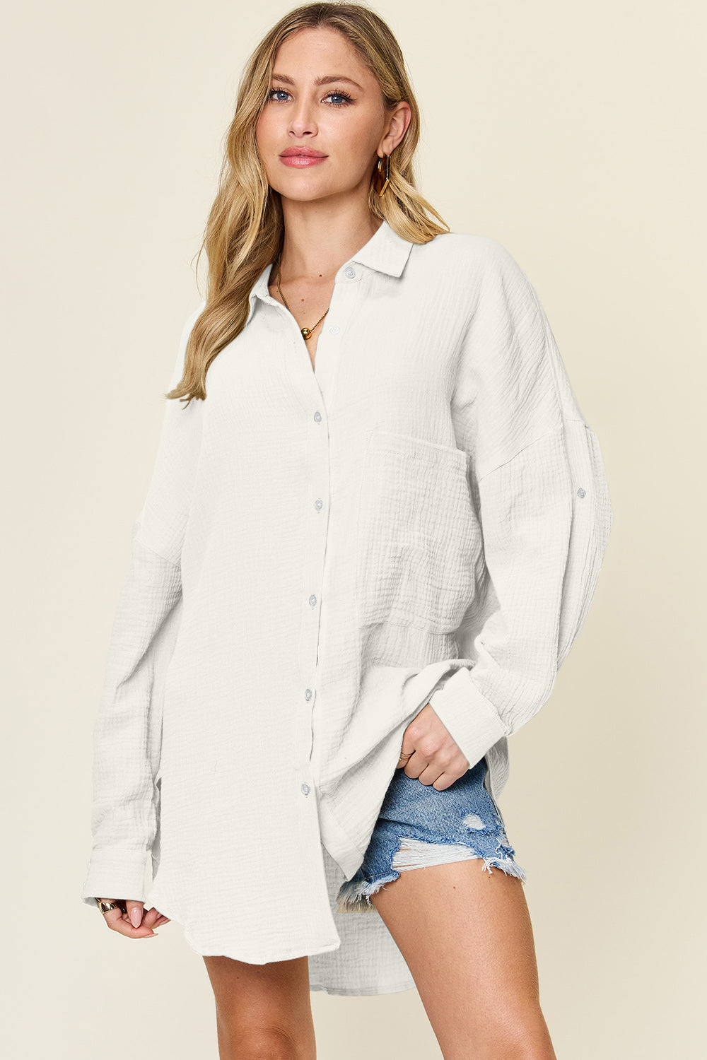 Double Take Full Size Pocketed Texture Button Up Shirt-TOPS / DRESSES-[Adult]-[Female]-2022 Online Blue Zone Planet