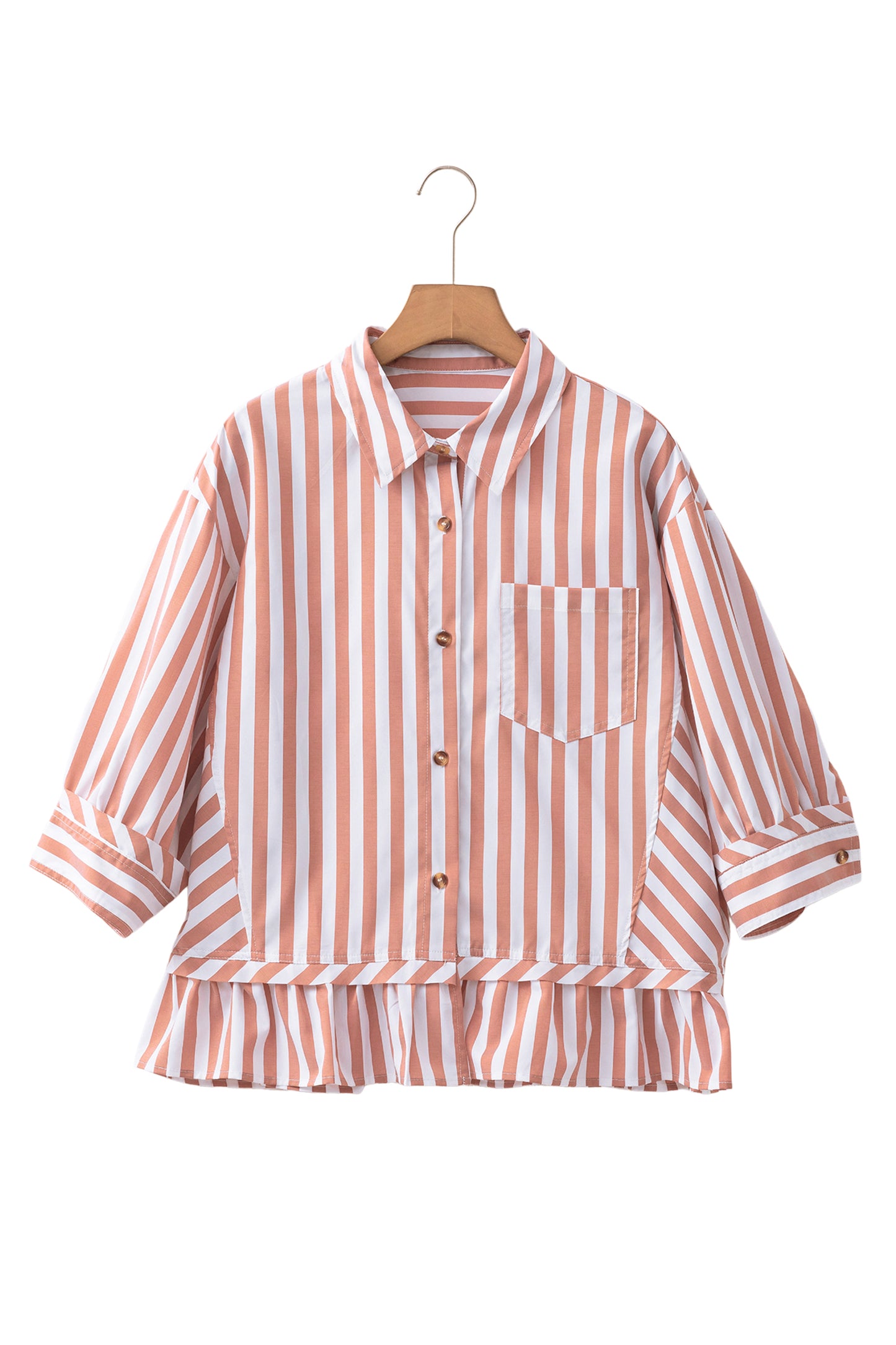 Khaki Stripe Button Front Ruffle Hem Bracelet Sleeve Shirt-Bracelet-[Adult]-[Female]-2022 Online Blue Zone Planet