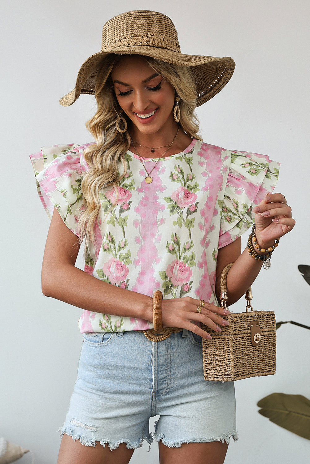 Pink Floral Print Ruffled Sleeve Summer Top-Tops/Blouses & Shirts-[Adult]-[Female]-2022 Online Blue Zone Planet
