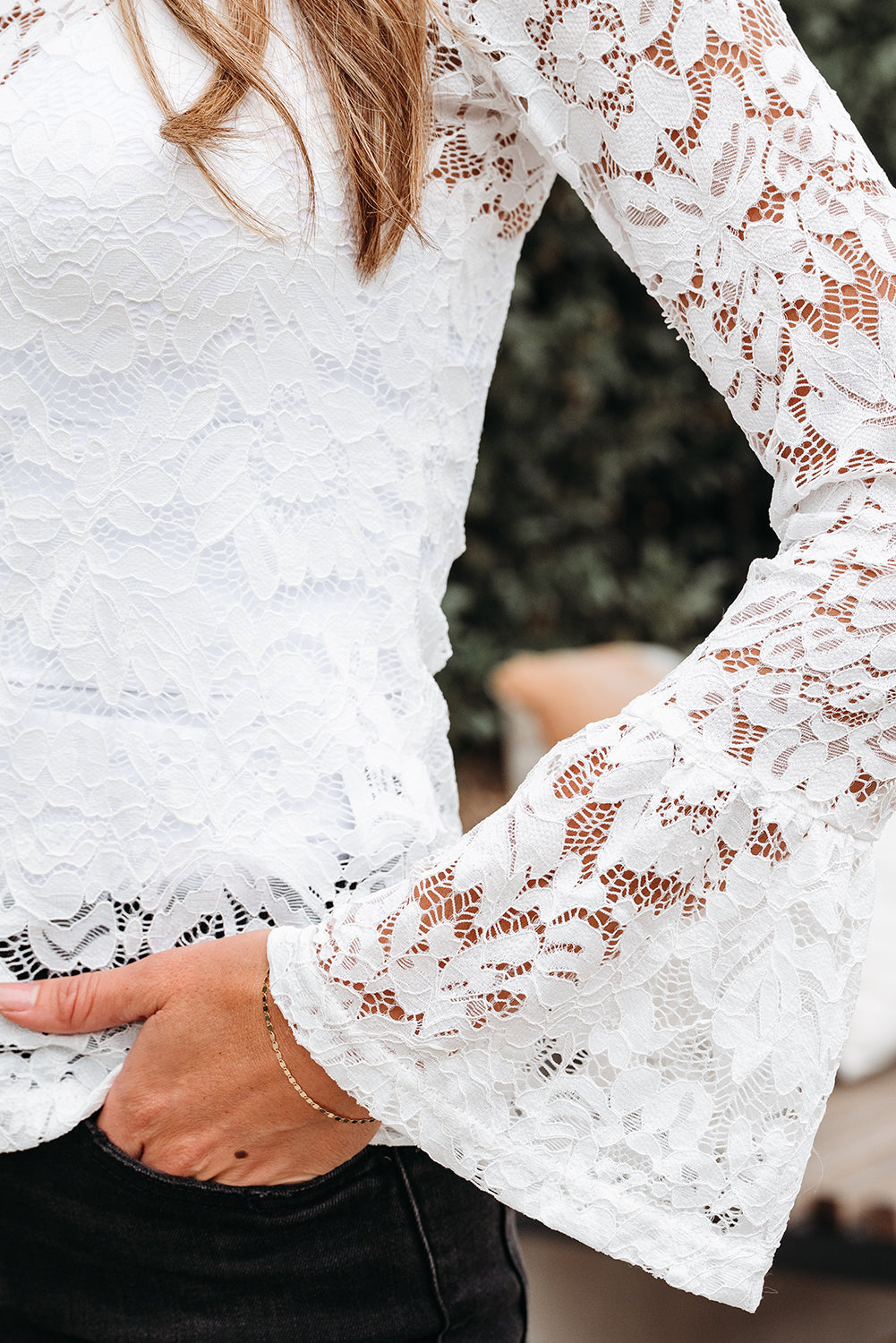 White Lace Crochet Bell Sleeve Mock Neck Blouse-Tops/Blouses & Shirts-[Adult]-[Female]-2022 Online Blue Zone Planet