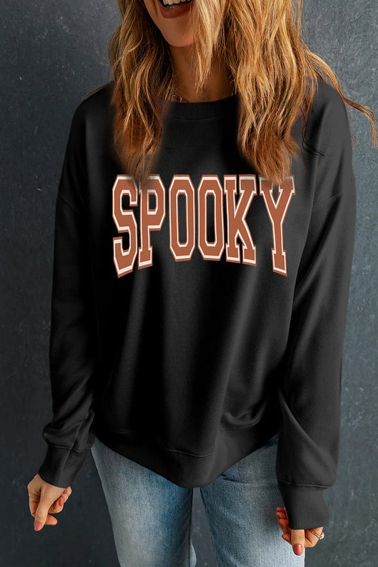 SPOOKY Round Neck Long Sleeve Sweatshirt-TOPS / DRESSES-[Adult]-[Female]-Black-S-2022 Online Blue Zone Planet