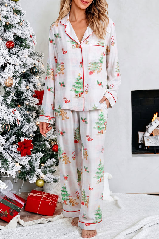 Pink Plaid Snowflake Christmas Gingerbread Man Print Long 2pcs Lounge Set-Loungewear & Sleepwear/Loungewear-[Adult]-[Female]-Pink-S-2022 Online Blue Zone Planet