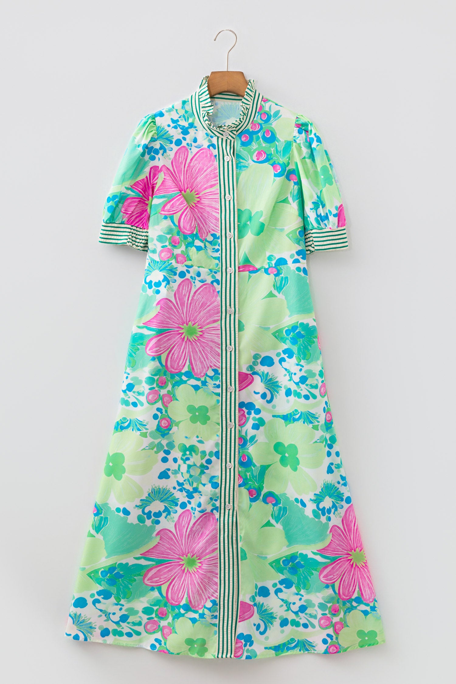 Green Stripe Floral Print Striped Trim Button Down Short Sleeve Vacation Dress-TOPS / DRESSES-[Adult]-[Female]-2022 Online Blue Zone Planet
