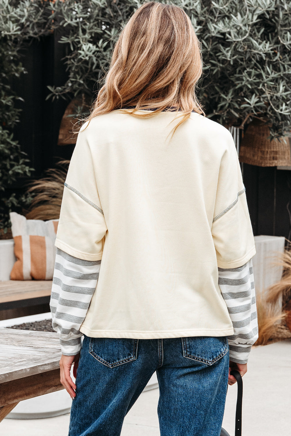 Beige Striped Patchwork Long Sleeve Round Neck Two-In-One Top-Tops/Long Sleeve Tops-[Adult]-[Female]-2022 Online Blue Zone Planet