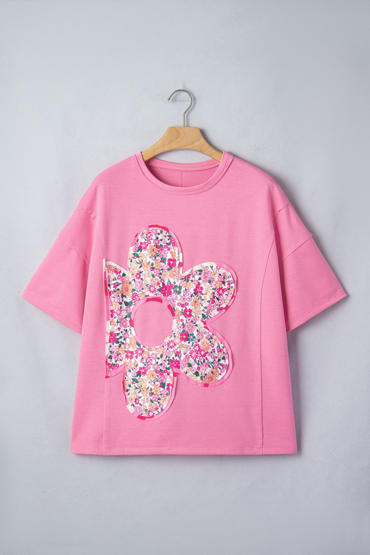 Bright Pink Floral Patched Raw Seam Big Flower Oversize Tee-Tops/Tops & Tees-[Adult]-[Female]-2022 Online Blue Zone Planet