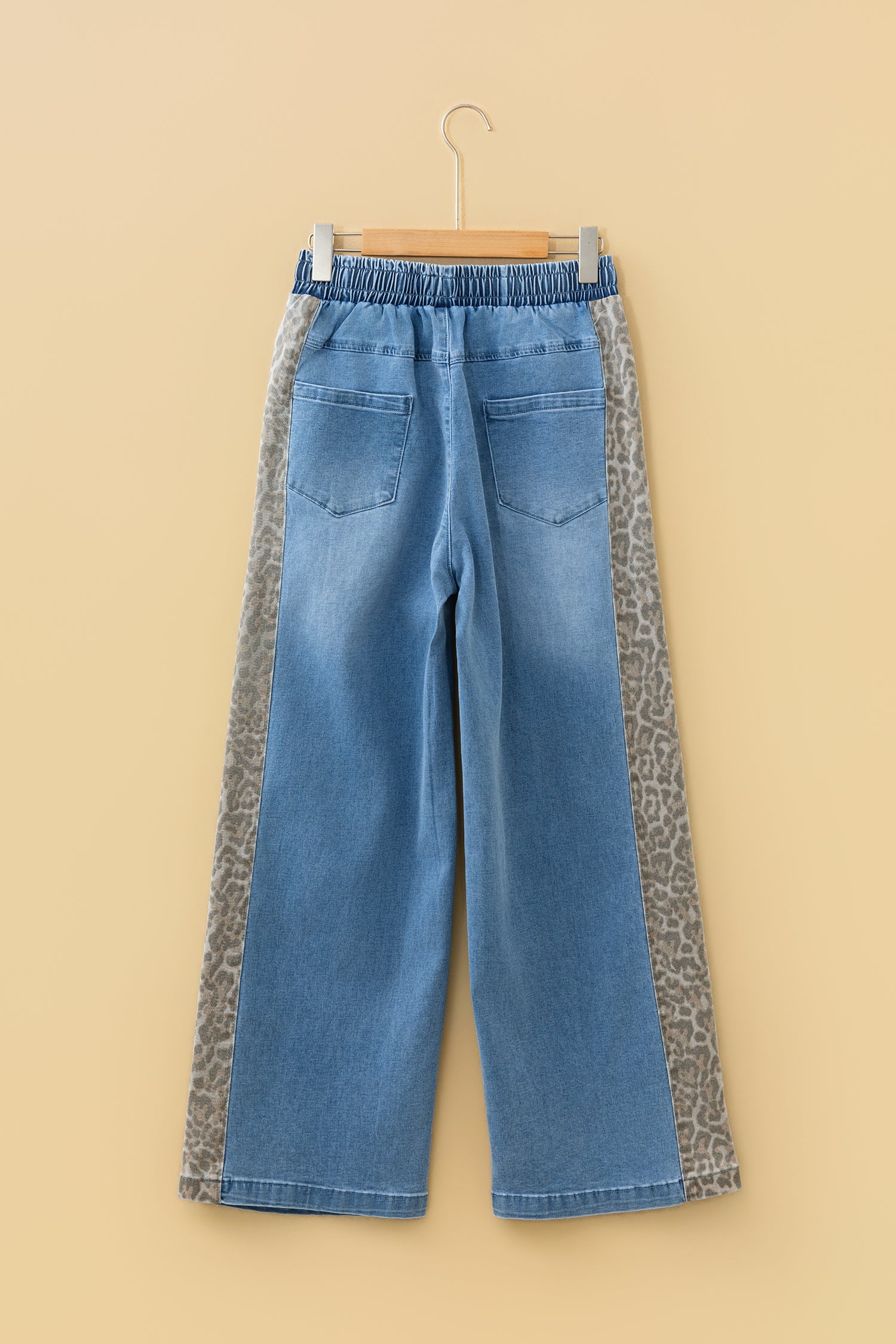 Beau Blue Drawstring Elastic Waist Leopard Striped Side Panel Wide Leg Jeans-Bottoms/Jeans-[Adult]-[Female]-2022 Online Blue Zone Planet