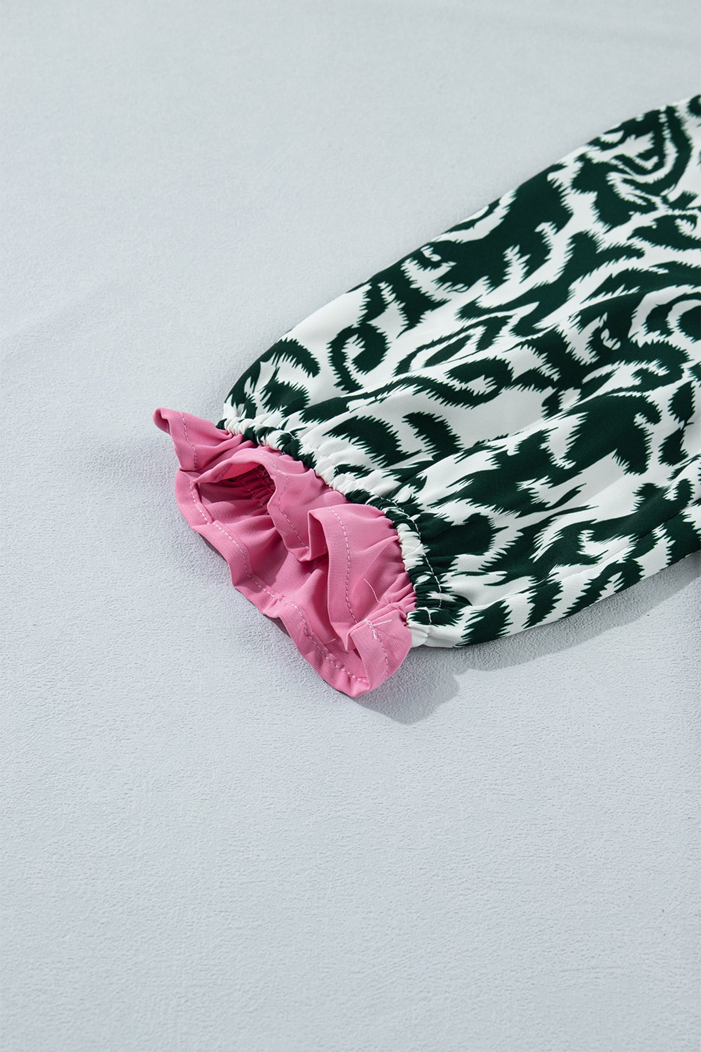 Green Damask Print Ruffled Color Block Detail Half Sleeve Blouse-Tops/Blouses & Shirts-[Adult]-[Female]-2022 Online Blue Zone Planet