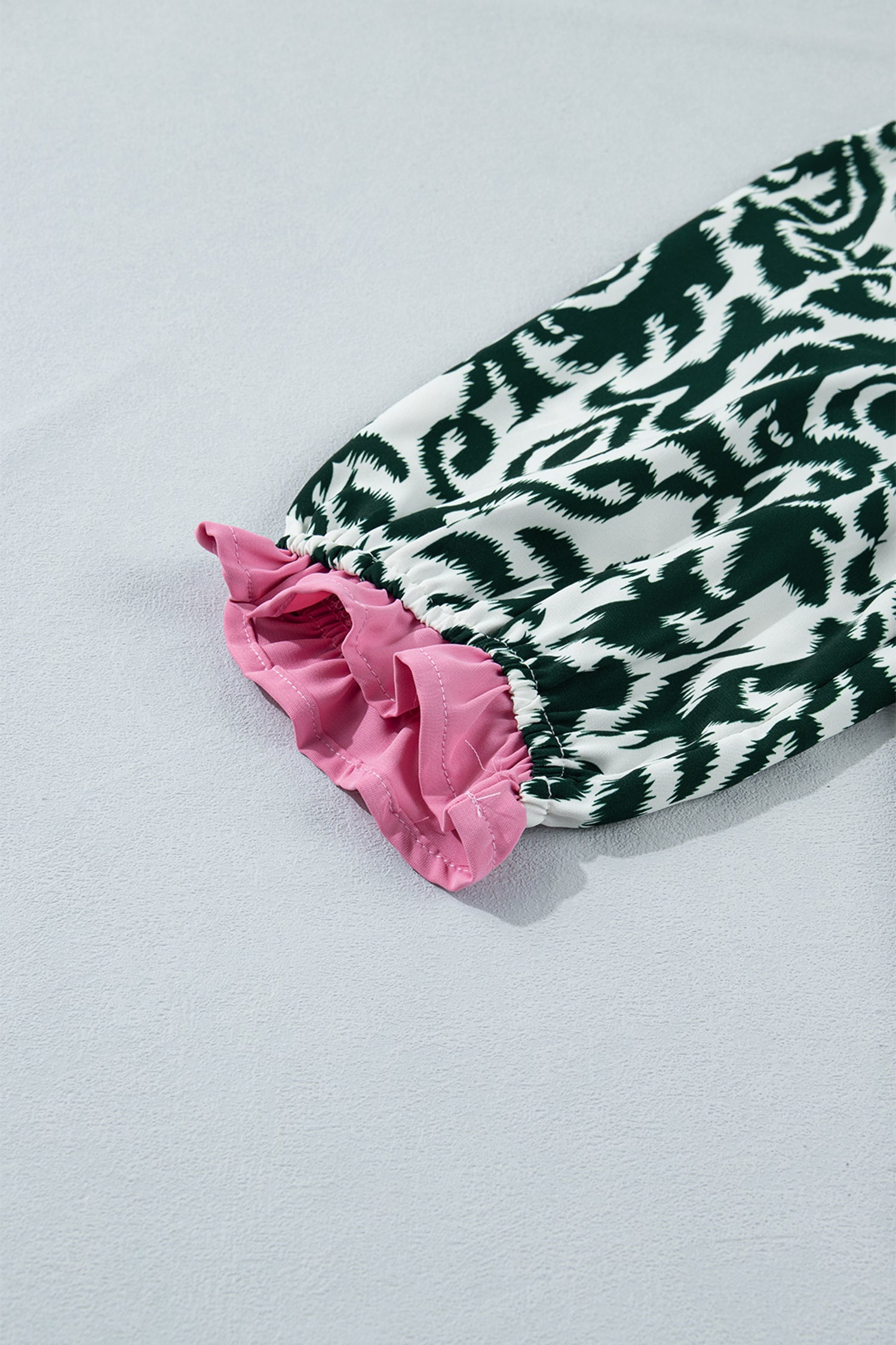 Green Damask Print Ruffled Color Block Detail Half Sleeve Blouse-Tops/Blouses & Shirts-[Adult]-[Female]-2022 Online Blue Zone Planet