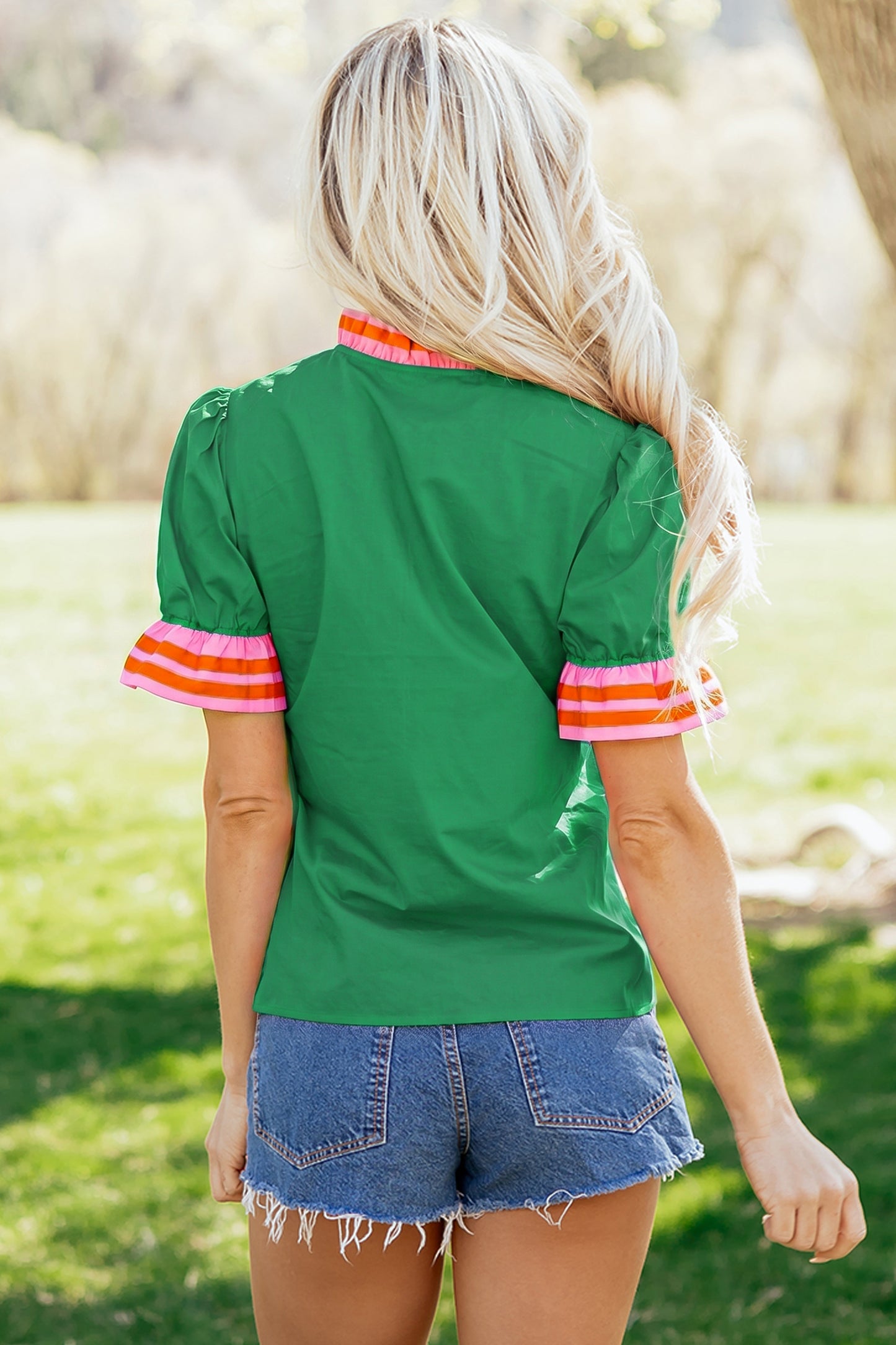 Sky Blue Striped Frilled Collar Ruffled Short Sleeve Blouse-Tops/Blouses & Shirts-[Adult]-[Female]-2022 Online Blue Zone Planet