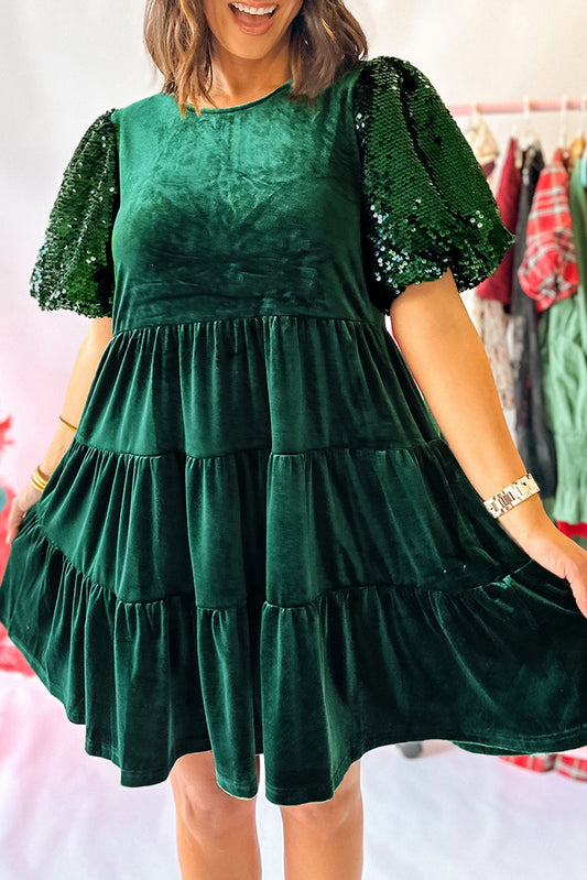 Evergreen Sequin Puff Sleeve High Waist Tiered Velvet Mini Dress