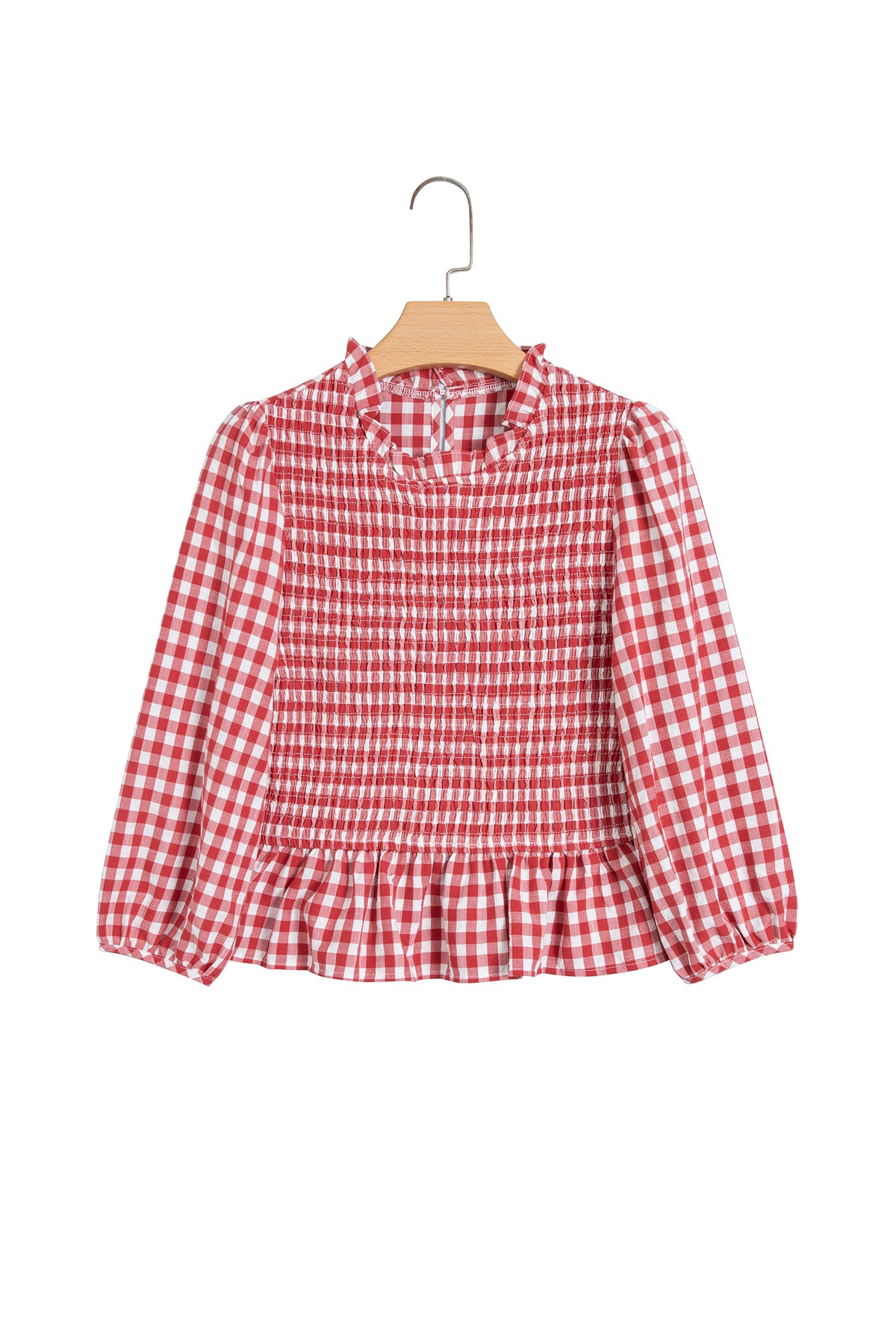 Red 3/4 Sleeve Shirred Plaid Peplum Top-Tops/Blouses & Shirts-[Adult]-[Female]-2022 Online Blue Zone Planet