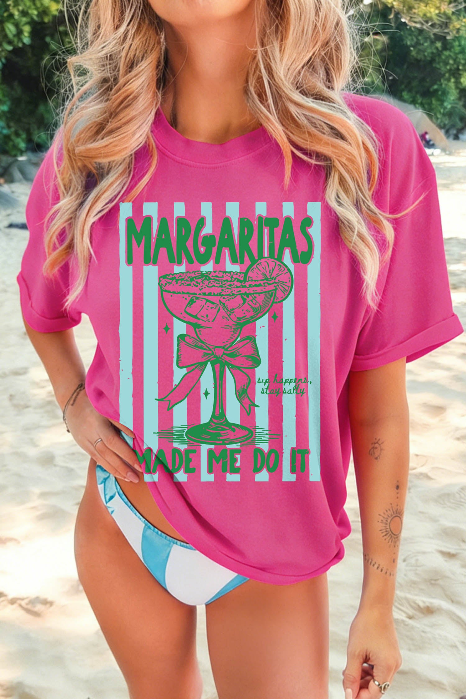 Rose Red Margaritas Made Me Do It Striped Graphic Beach Vacation Tee-Graphic/Graphic Tees-[Adult]-[Female]-2022 Online Blue Zone Planet