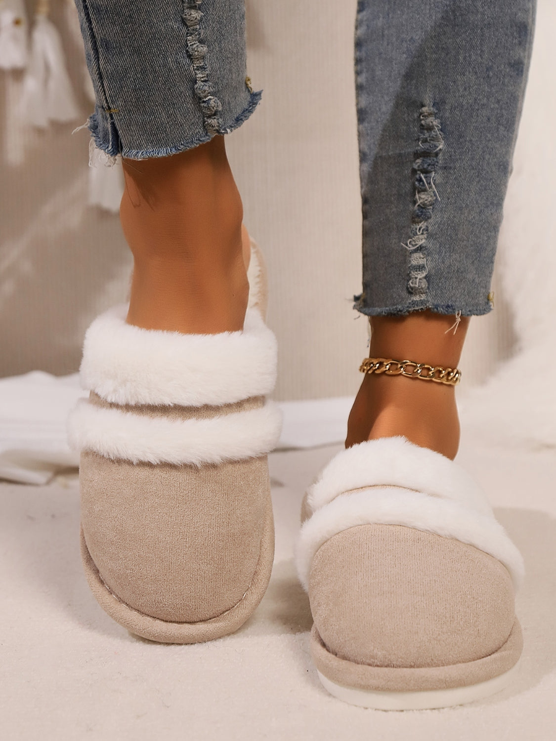 Contrast Faux Fur Round Toe Slippers-SHOES-[Adult]-[Female]-Tan-36-37(US5-6)-2022 Online Blue Zone Planet