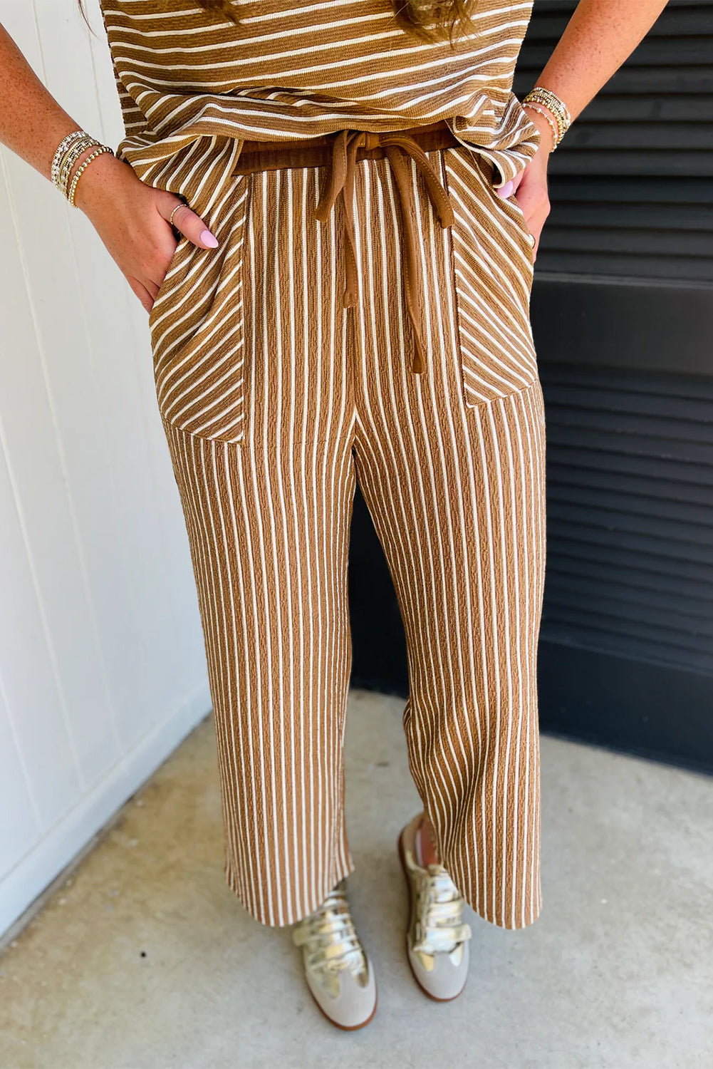 Khaki Stripe Crew Neck Tee Drawstring Waist Cropped Pants Set-Two Piece Sets/Pant Sets-[Adult]-[Female]-2022 Online Blue Zone Planet