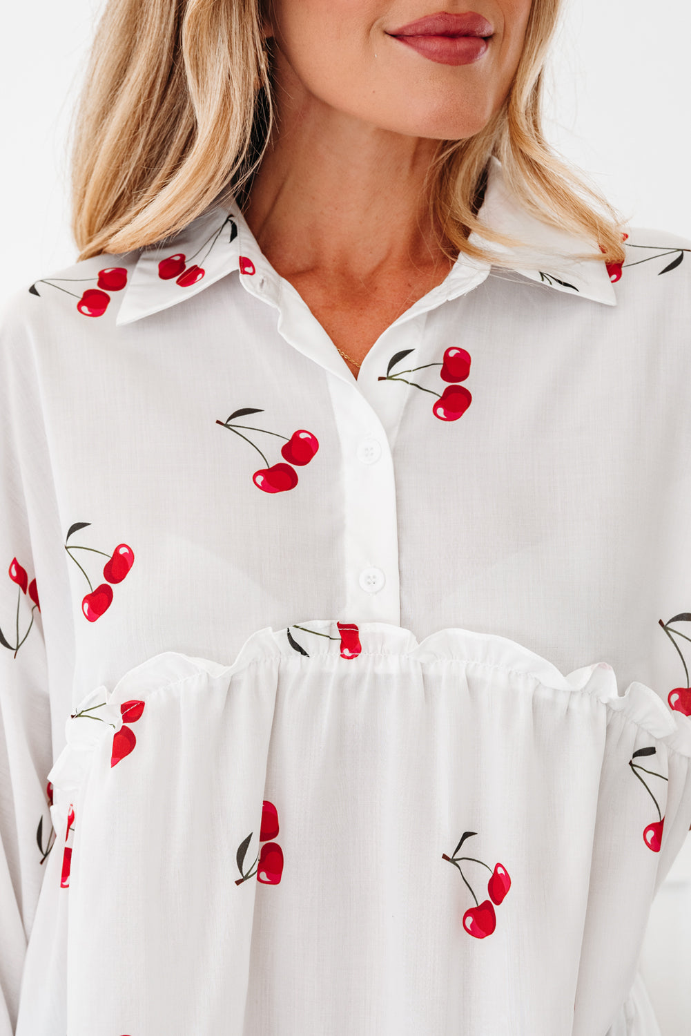 White Cherry Print Flounce Sleeve Collared Frilled Babydoll Blouse-Tops/Blouses & Shirts-[Adult]-[Female]-2022 Online Blue Zone Planet