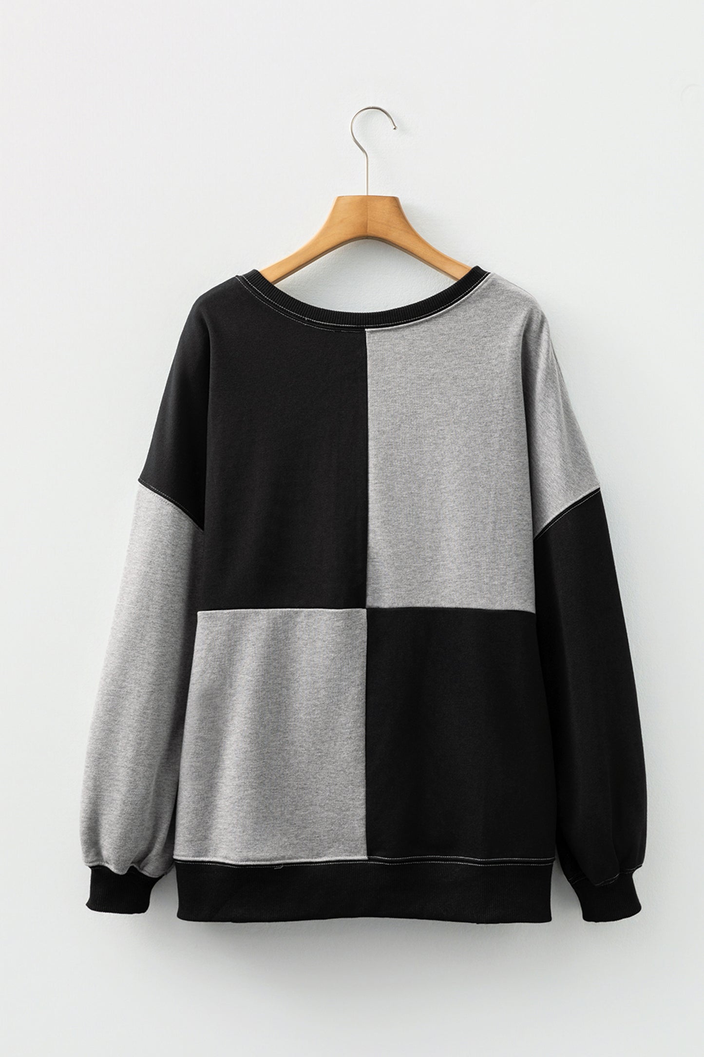 Color black Colorblock Henley High Low Oversize Sweatshirt-Tops/Sweatshirts & Hoodies-[Adult]-[Female]-2022 Online Blue Zone Planet