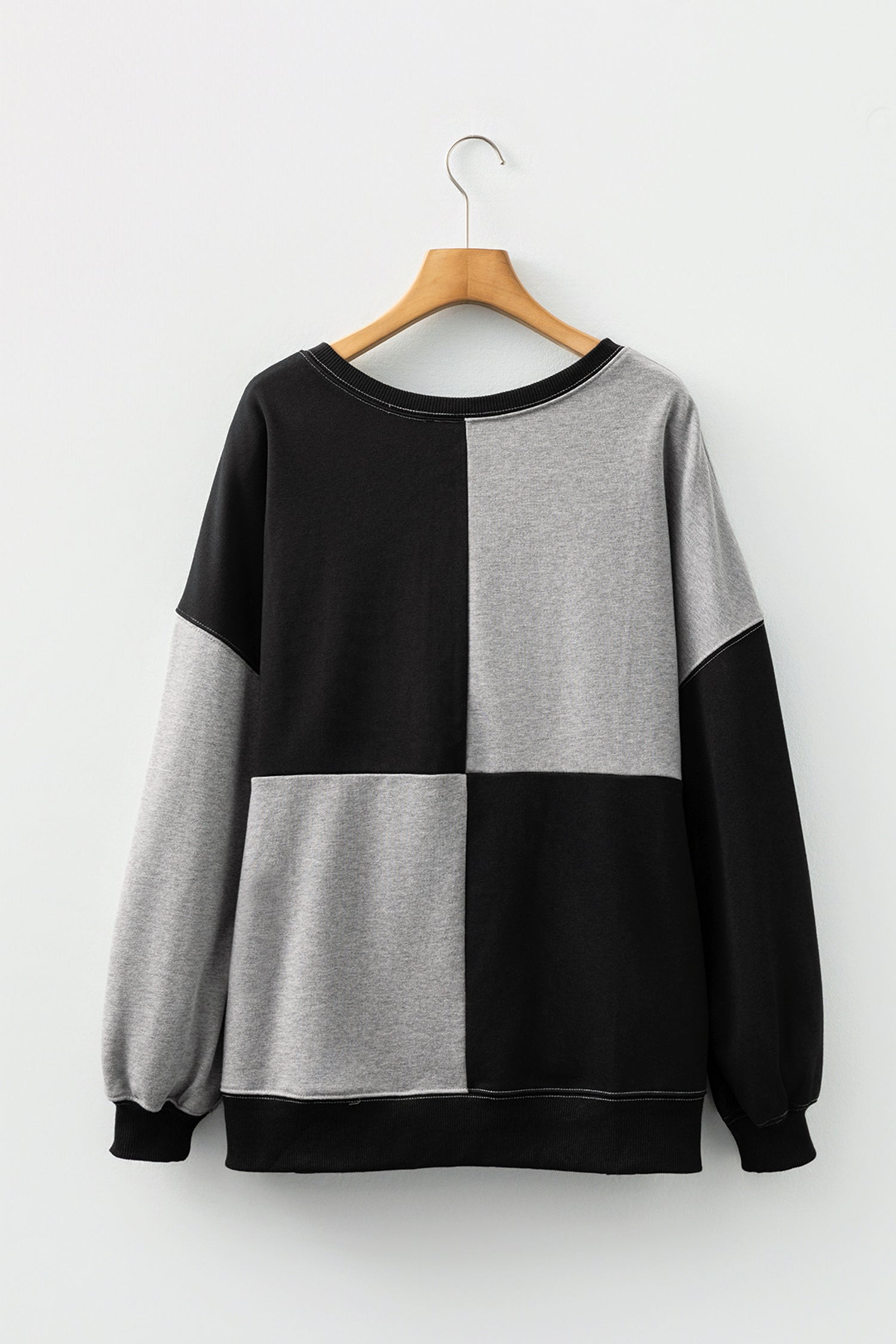 Color black Colorblock Henley High Low Oversize Sweatshirt-Tops/Sweatshirts & Hoodies-[Adult]-[Female]-2022 Online Blue Zone Planet