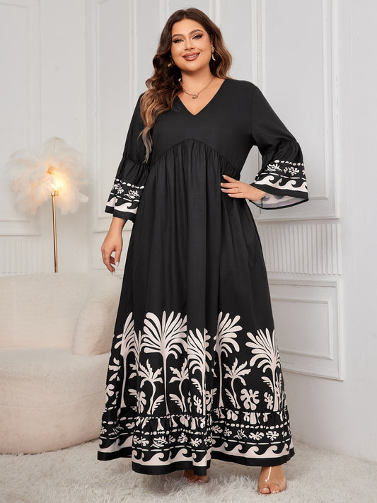 Blue Zone Planet | Plus Size Printed V-Neck Long Sleeve Maxi Dress-TOPS / DRESSES-[Adult]-[Female]-Black-1XL-2022 Online Blue Zone Planet