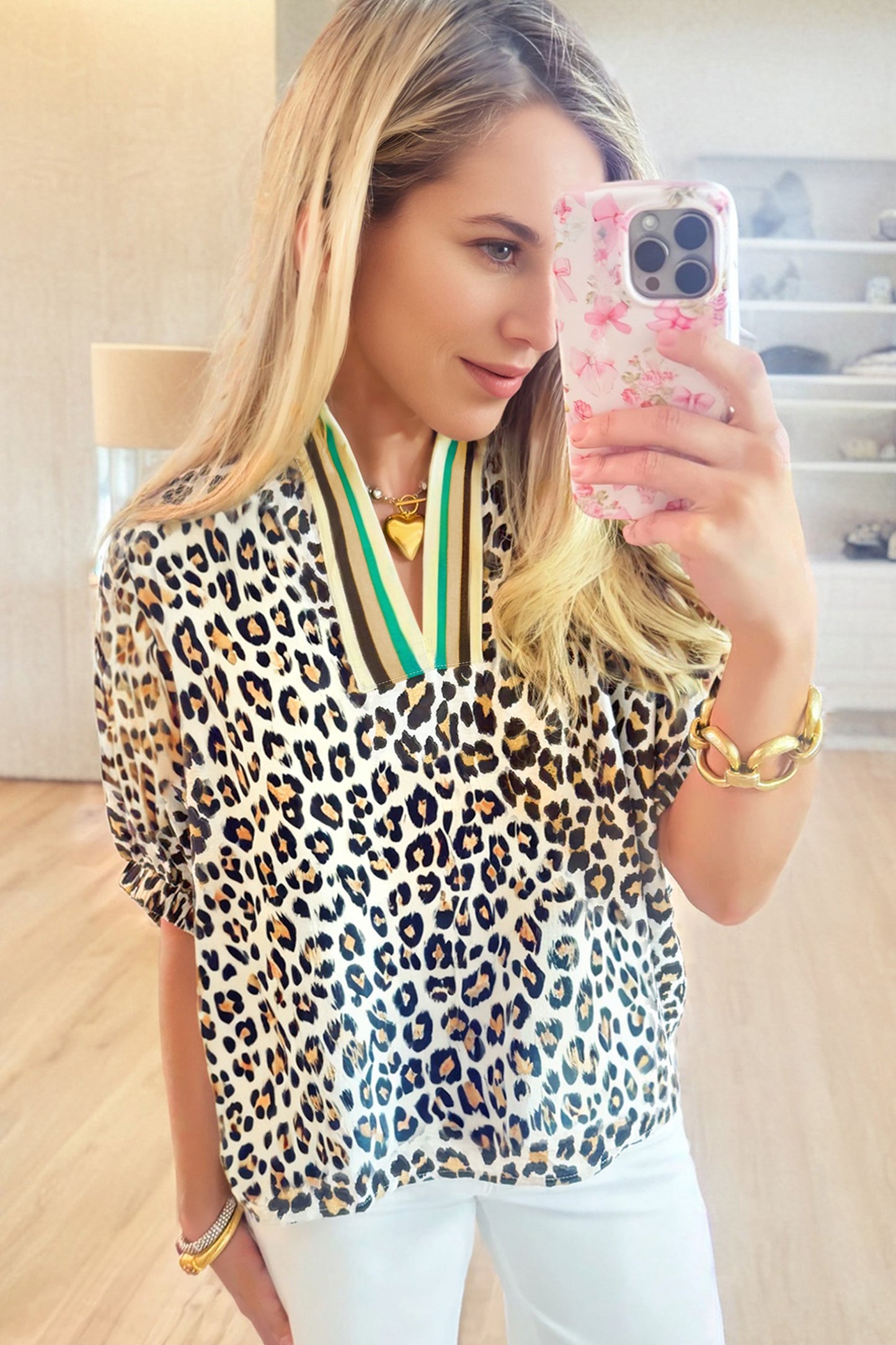 Khaki Leopard Color Block Contrast Striped V Neck Half Sleeve Loose Fit Blouse-Tops/Blouses & Shirts-[Adult]-[Female]-2022 Online Blue Zone Planet