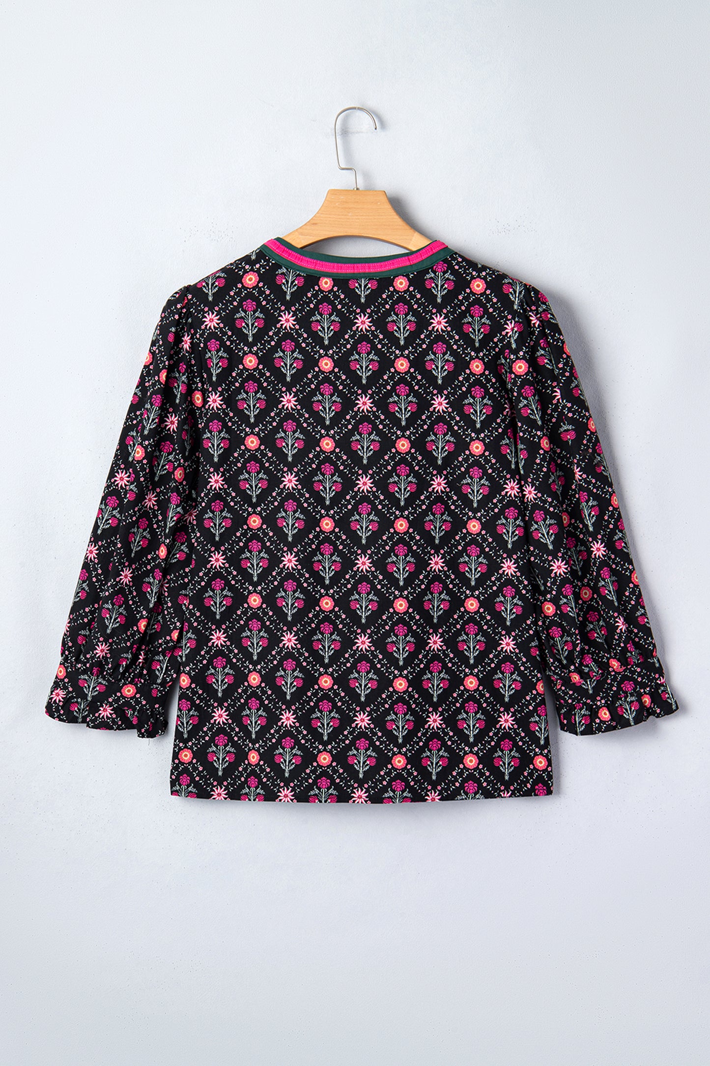 Black Contrast V Neckline Bracelet Sleeve Vintage Floral Blouse-Bracelet-[Adult]-[Female]-2022 Online Blue Zone Planet