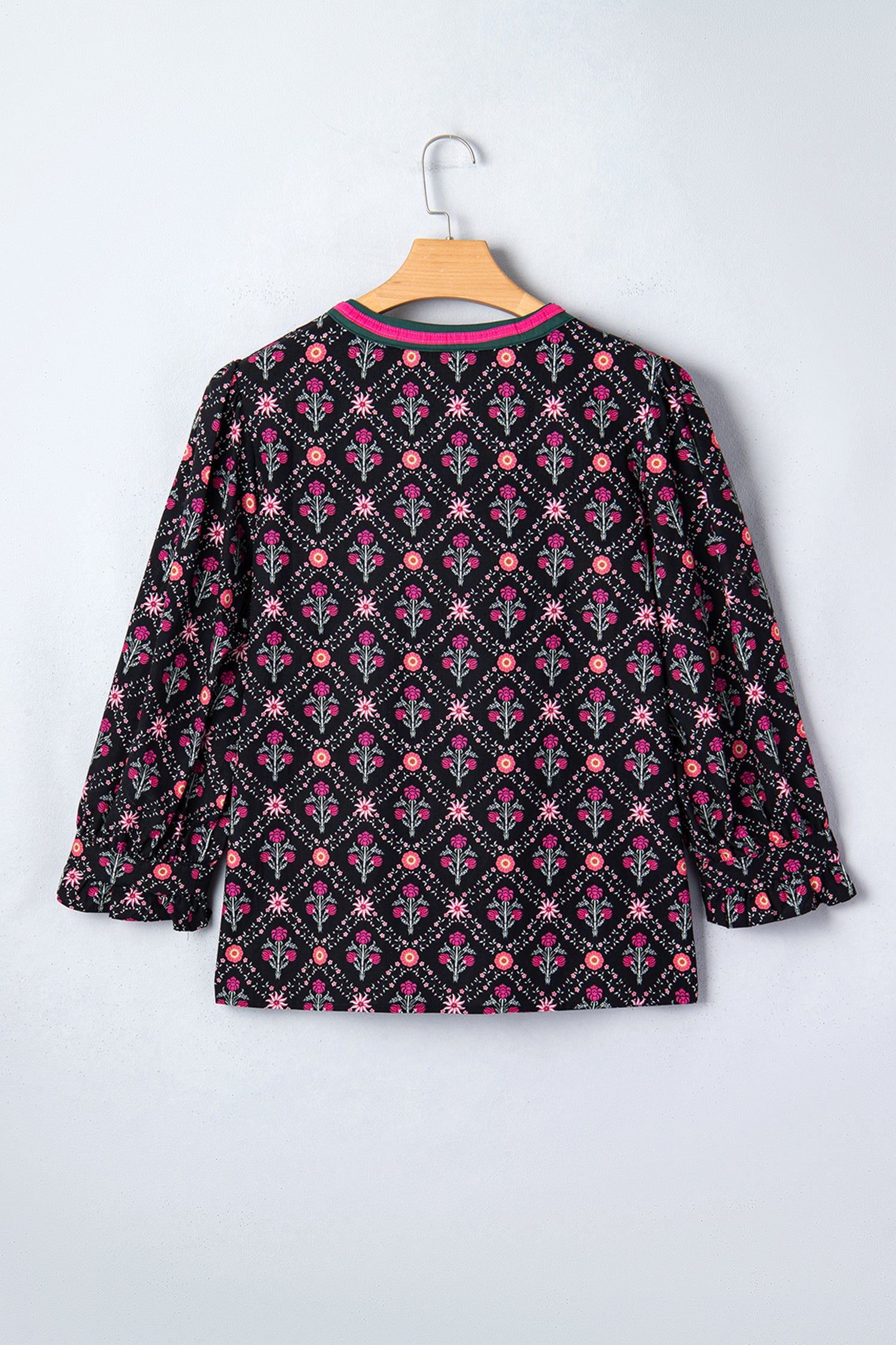 Black Contrast V Neckline Bracelet Sleeve Vintage Floral Blouse-Bracelet-[Adult]-[Female]-2022 Online Blue Zone Planet