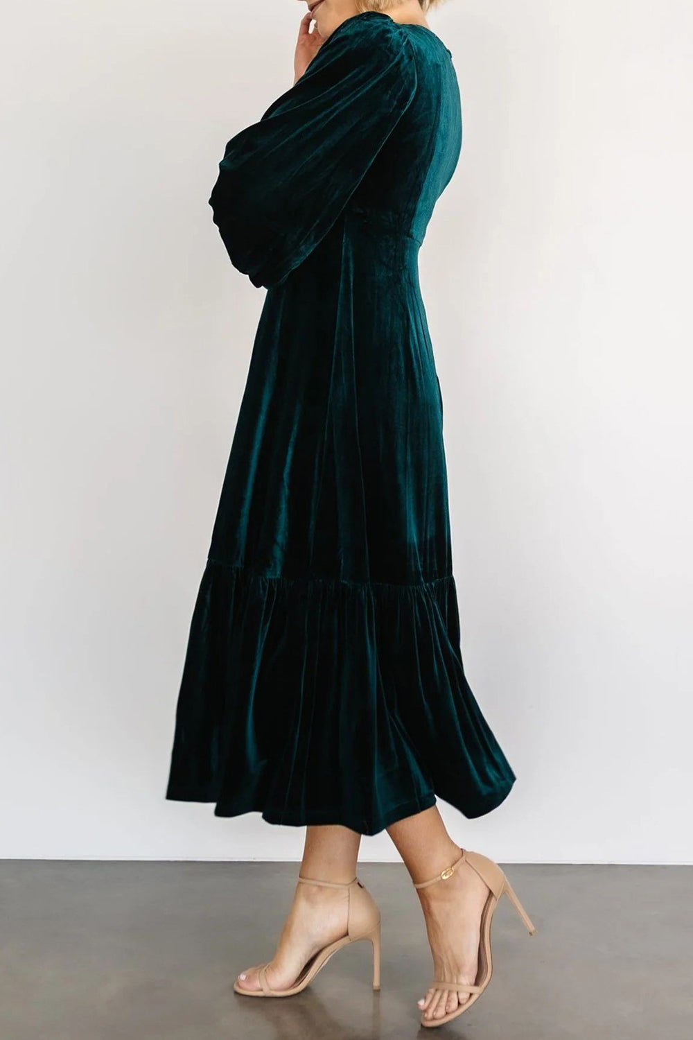 V-Neck Long Sleeve Midi Velvet Dress-TOPS / DRESSES-[Adult]-[Female]-2022 Online Blue Zone Planet