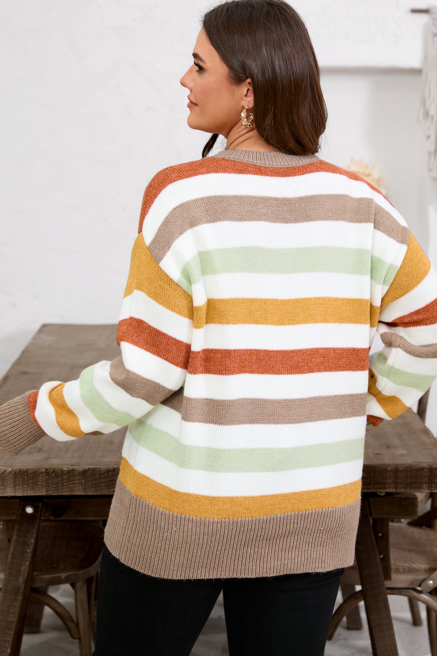 Multicolour Striped Colorblock Drop Shoulder Plus Size Sweater-TOPS / DRESSES-[Adult]-[Female]-2022 Online Blue Zone Planet