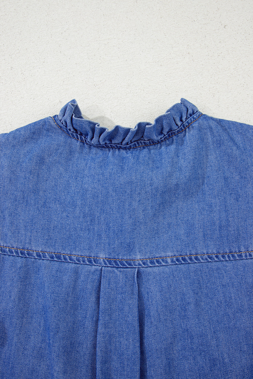 Sky Blue Mineral Wash Cap Sleeve Frilled Button Up Denim Shirt-Tops/Blouses & Shirts-[Adult]-[Female]-2022 Online Blue Zone Planet