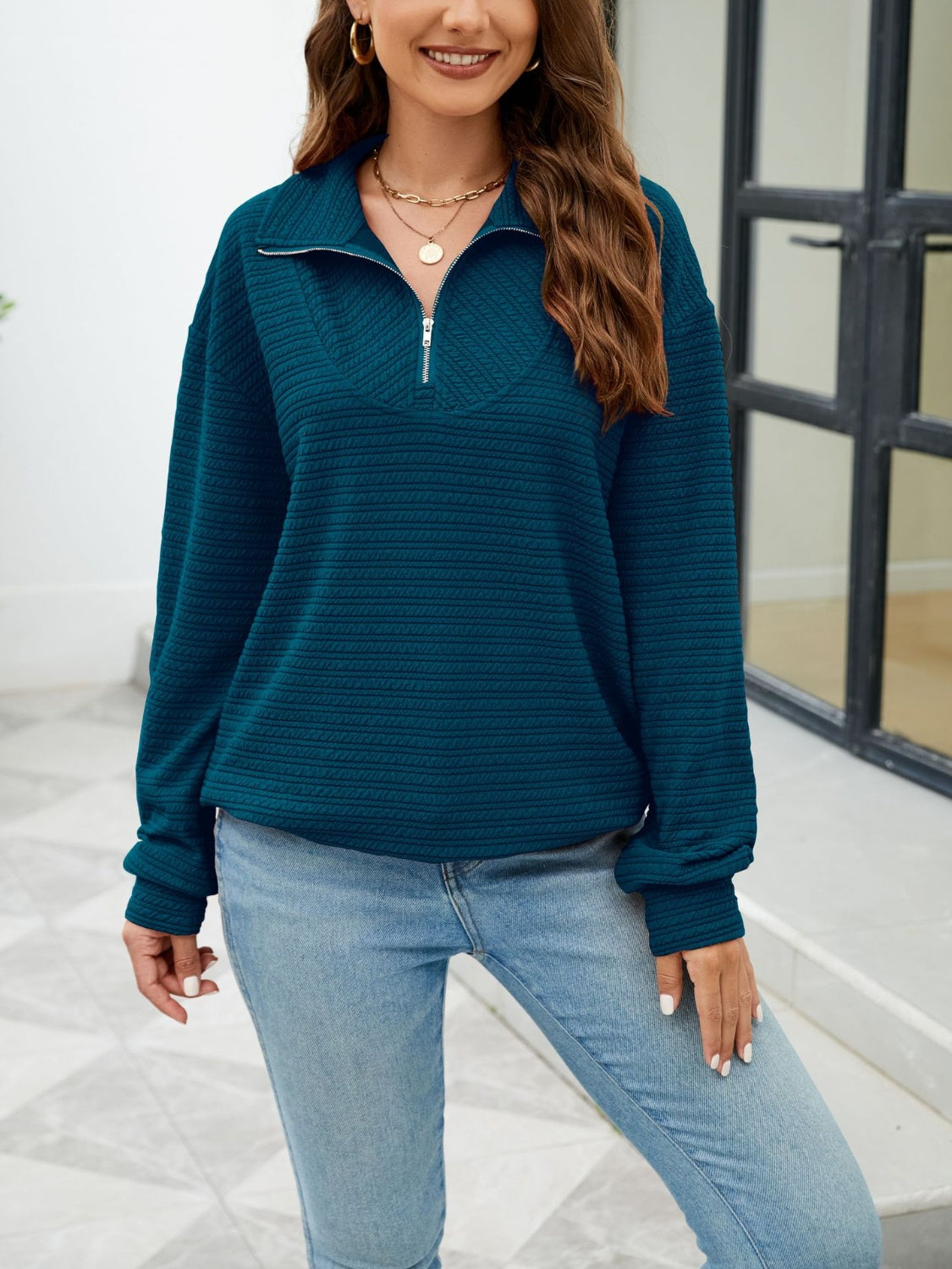 Textured Quarter Zip Long Sleeve Sweatshirt-[Adult]-[Female]-Deep Teal-S-2022 Online Blue Zone Planet