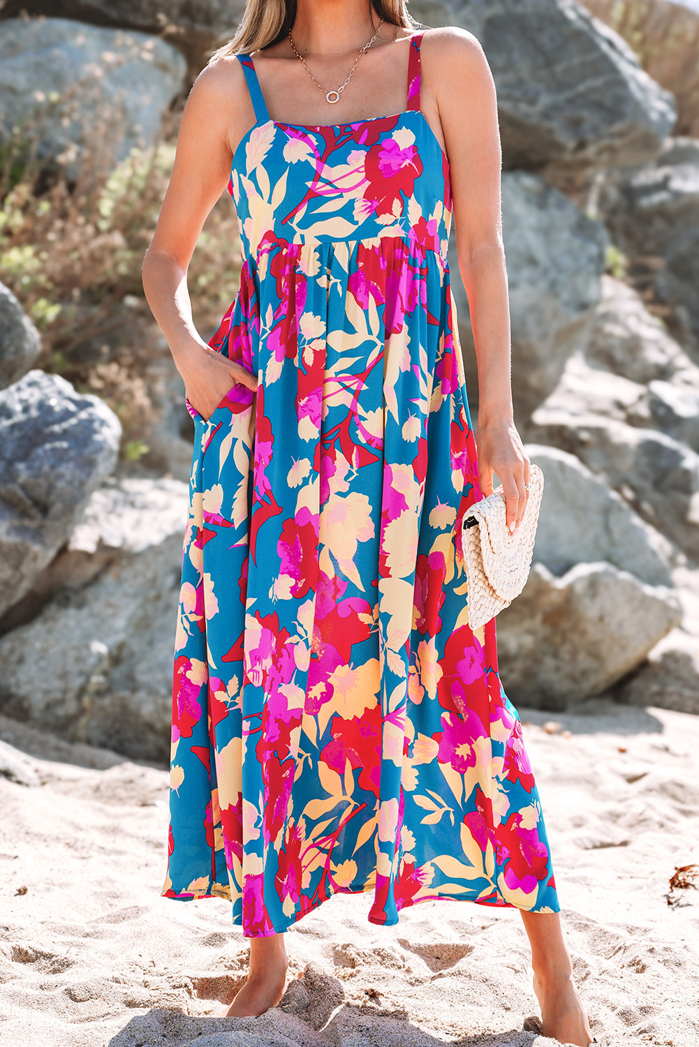 Dark Blue Floral High Waist Sleeveless Flared Long Dress-TOPS / DRESSES-[Adult]-[Female]-2022 Online Blue Zone Planet