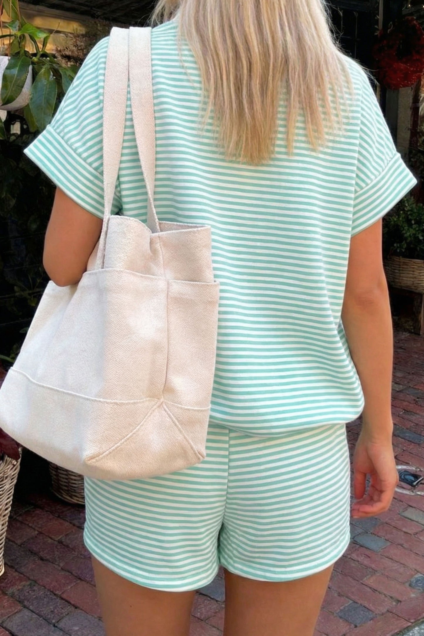 Pink Stripe Cuffed Sleeve Contrast Mock Neck Tee Casual 2pcs Short Set-Two Piece Sets/Short Sets-[Adult]-[Female]-2022 Online Blue Zone Planet