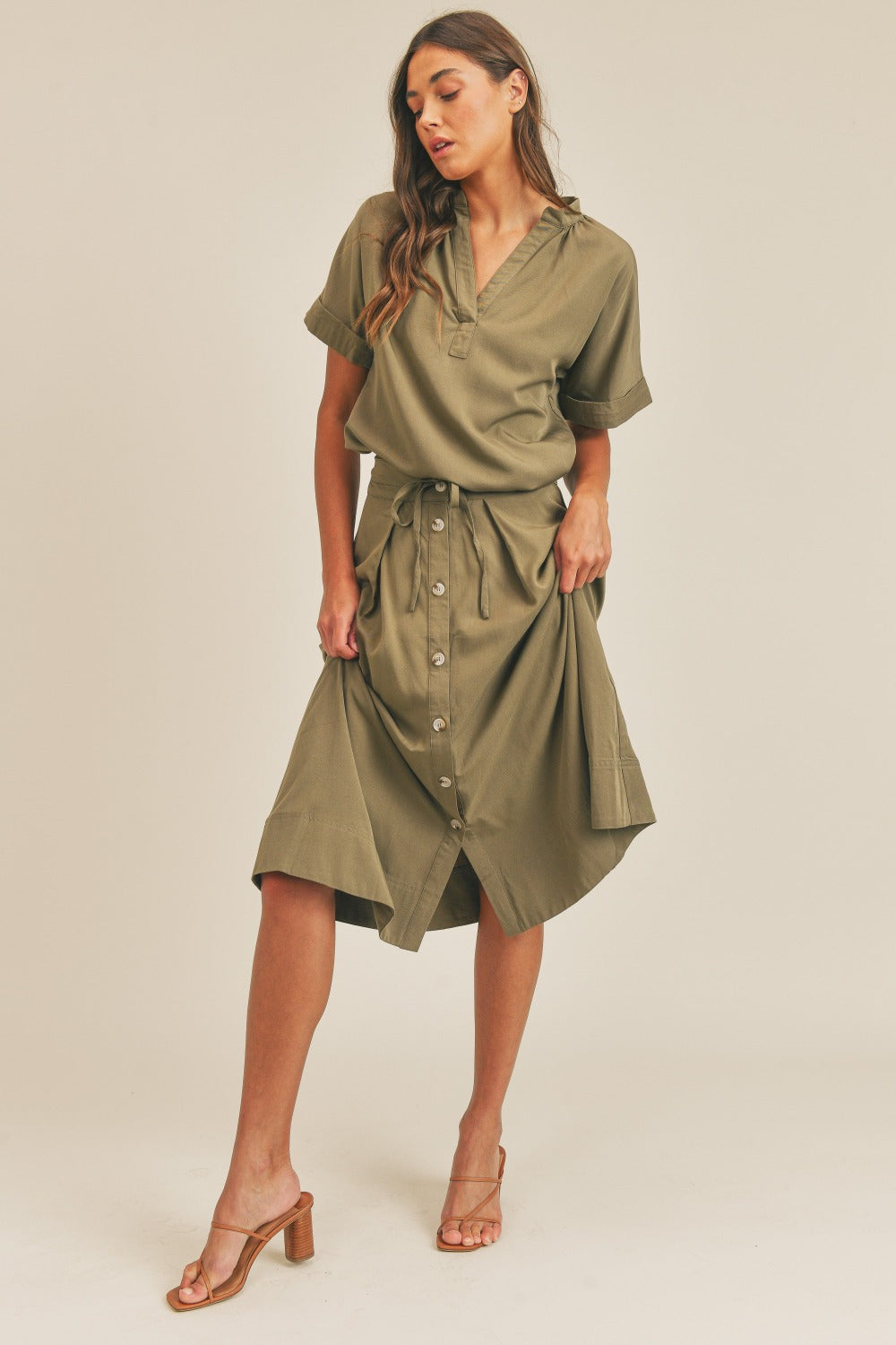 MABLE Short Sleeve Top and Button Down Midi Skirt Set-TOPS / DRESSES-[Adult]-[Female]-Olive-S-2022 Online Blue Zone Planet