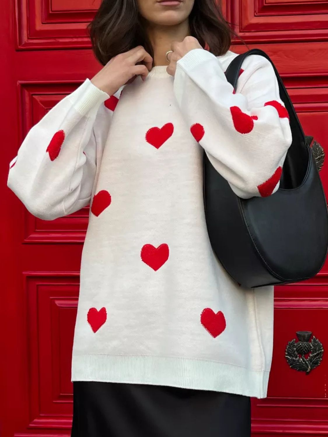 Heart Round Neck Dropped Shoulder Sweater-TOPS / DRESSES-[Adult]-[Female]-White-One Size-2022 Online Blue Zone Planet