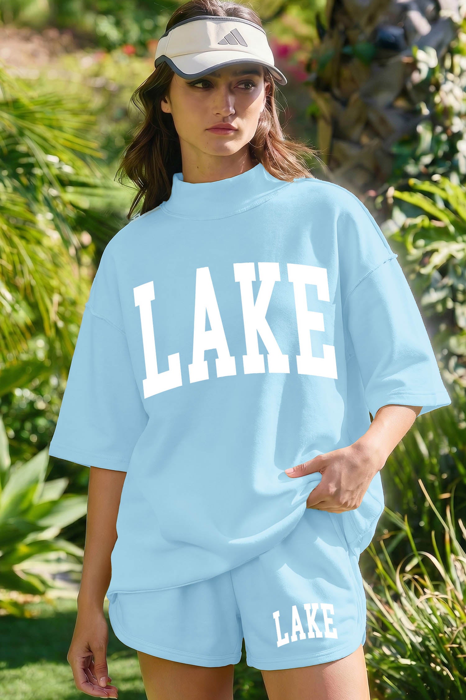 Mist Blue LAKE Print High Neck Short Sleeve Top Casual Short Set-Graphic/Graphic Sets-[Adult]-[Female]-2022 Online Blue Zone Planet