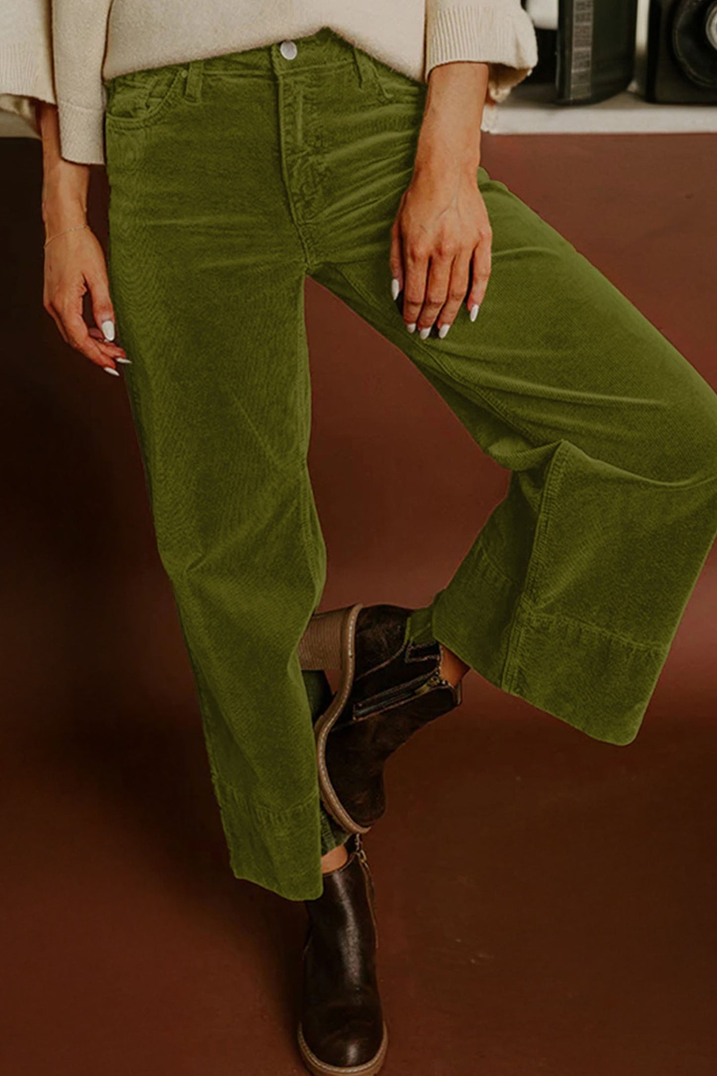 Vineyard Green Corduroy Solid Color High Waist Wide Leg Pants-Bottoms/Pants & Culotte-[Adult]-[Female]-2022 Online Blue Zone Planet