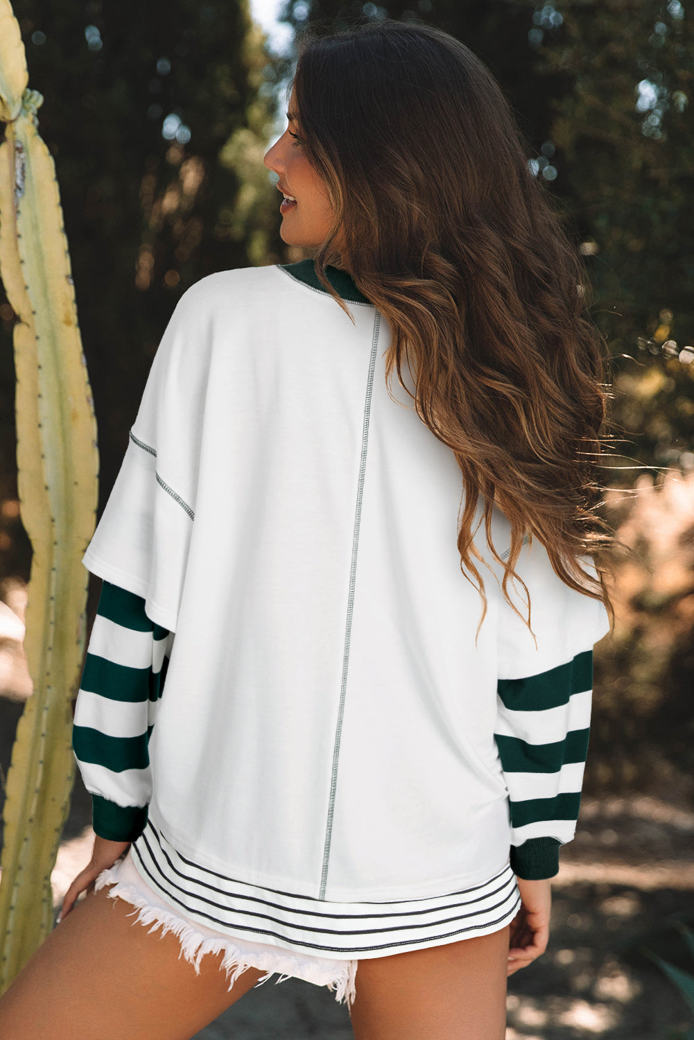 White Stripe Bowknot Patched Pattern Contrast Stitching Pullover Trendy Sweatshirt-Graphic/Graphic Sweatshirts-[Adult]-[Female]-2022 Online Blue Zone Planet